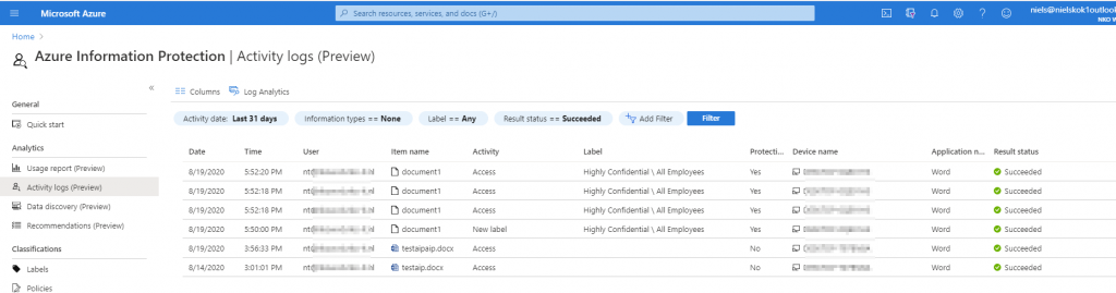 Azure Log Analytics Information Protection Dashboard.