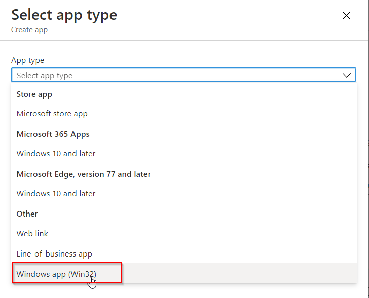 SQL ODBC Driver via Intune - Select the app type